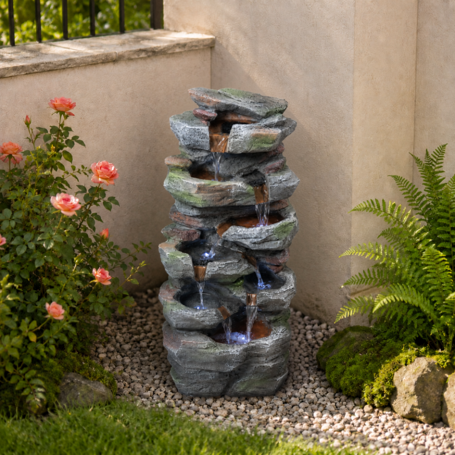 Rock Waterfall Outdoor Fountain With LED Lights Stone Garden Fountains Outdoor For Patio Lawn Cascading Tiered Outdoor Water Fountain