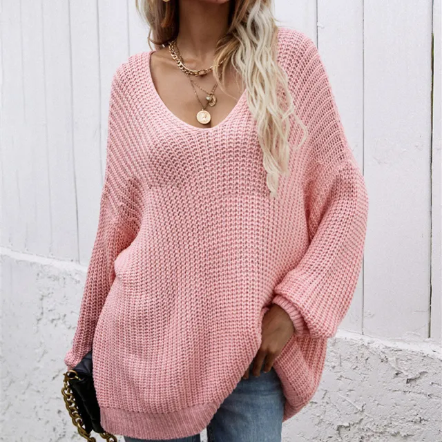 Women's Fashion Casual Solid Color Pullover V neck Sweater Pink - Shop at LoveMi