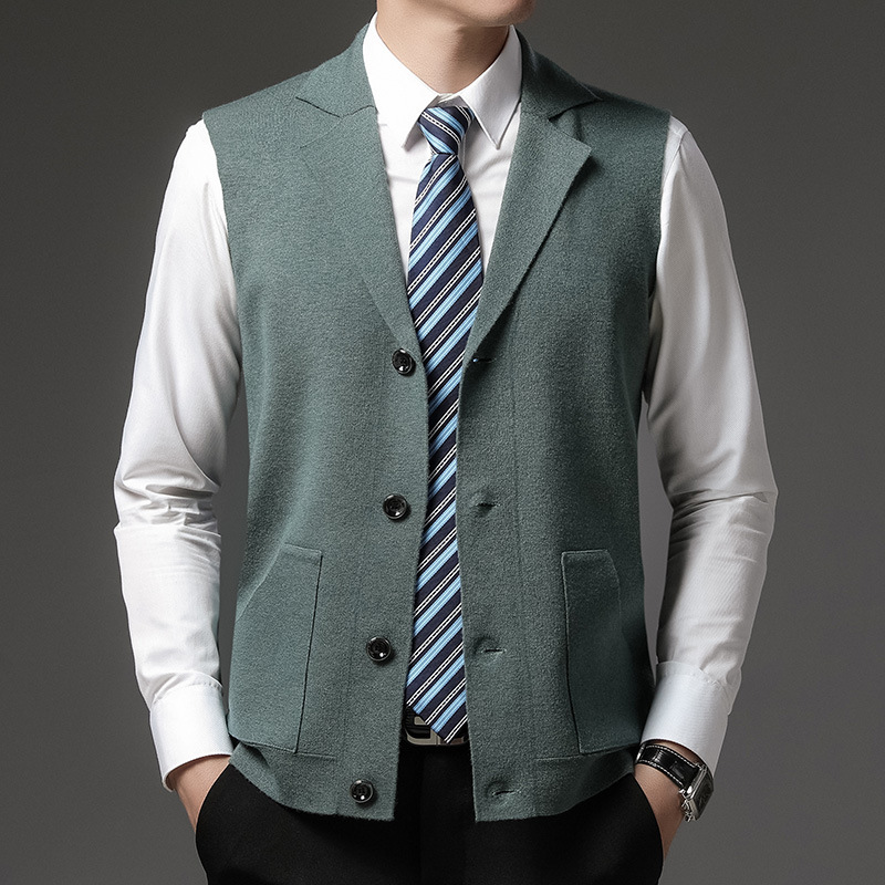 Solid Color Suit Collar Single-breasted Young And Middle-aged Men's Knitted Wool Vest