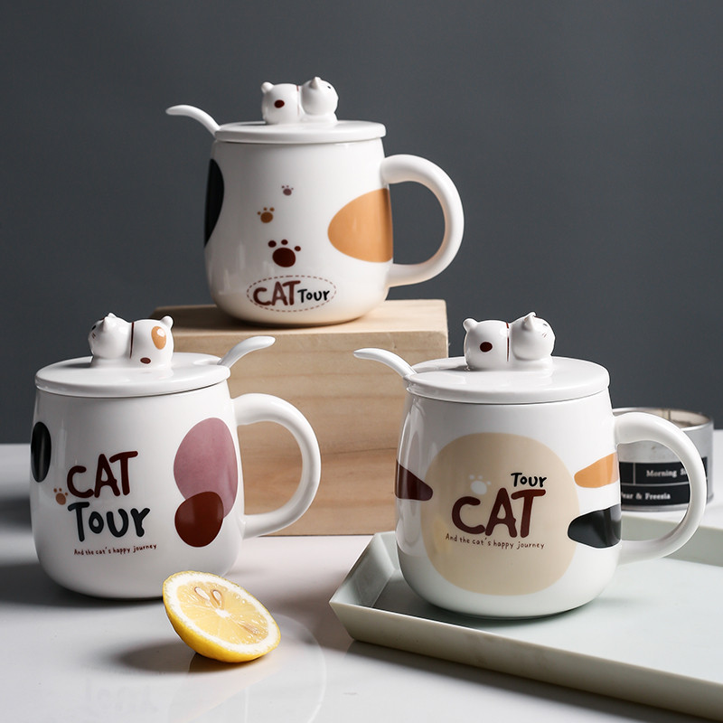 Title 6, Cartoon Ceramic Cat Mug With Lid And Spoon Simp...