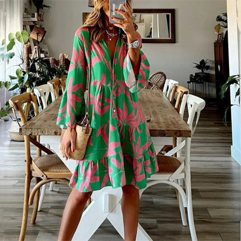 European And American New Women's Printed Trumpet Sleeve Women's Dress