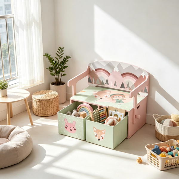 3-in-1 Convertible Kids Toy Box Chest, Storage Chest With 2 Non-Woven Drawers For Bedroom 2