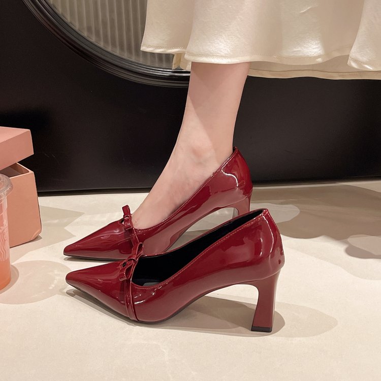 Women's 2026 Pointed Toe Elegant High Heels, Bow Comfortable Nude Block Heel Shallow Vamp Flats