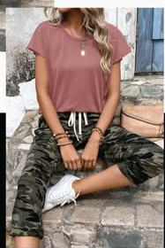 Summer Solid Color Round Neck Short Sleeve T Shirt And Leopard Print Casual Pants Two Piece Set For Women Pink - Shop at LoveMi