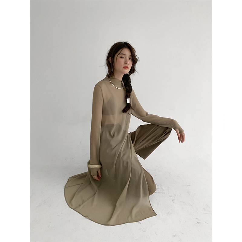 Women's Solid Layered Long Slit Simple French Dress