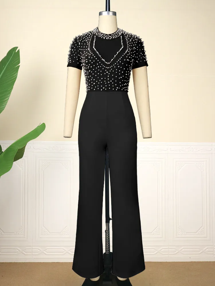 Round Neck Short Sleeve Beaded Jumpsuit Casual - Black