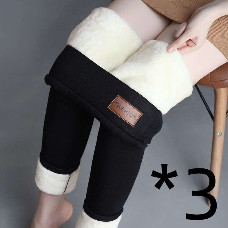 Winter Lamb Cashmere Plus Velvet Thick High waisted Tight fitting Warm Leggings 3Pcs Leather Label Black Thick - Shop at LoveMi