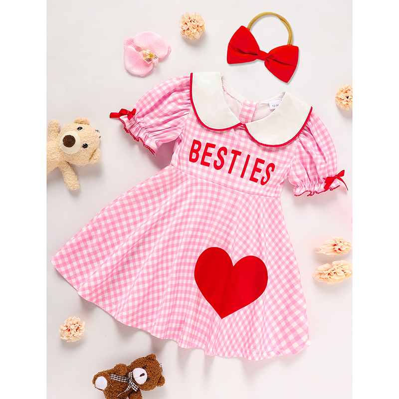 Sweet Baby Toddler Girl's Short Sleeve Letter Heart Print Doll Collar Dress With Matching Headband — view 4