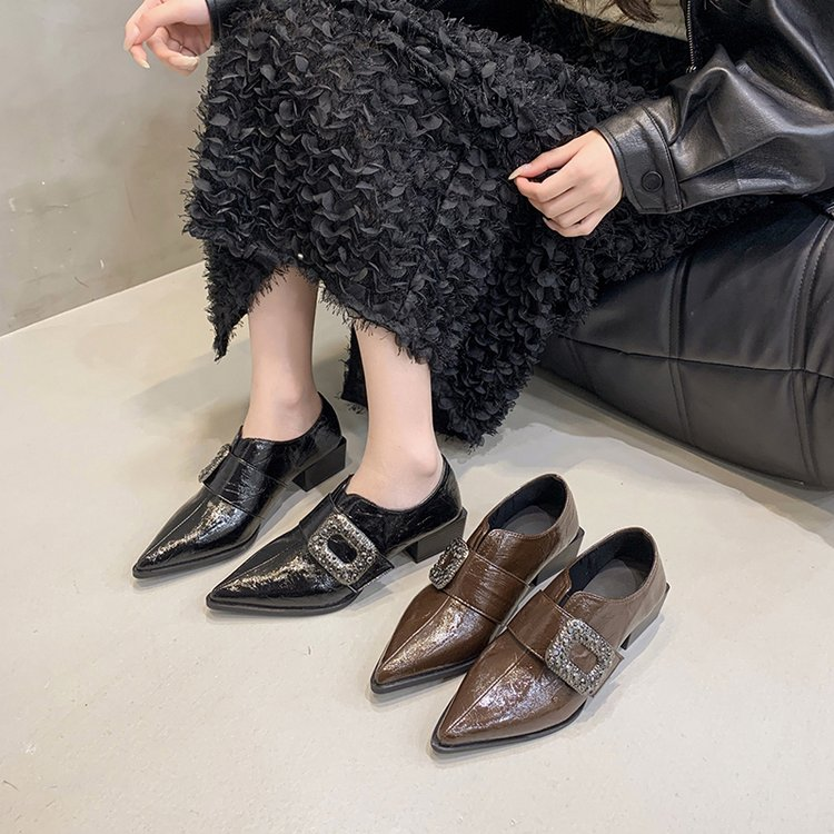 Women's Patent Leather Pointed Toe Block Heel Deep Vamp Pumps, Rhinestone Square Buckle Fashion Shoes, Versatile Commuter Elegant High Heels