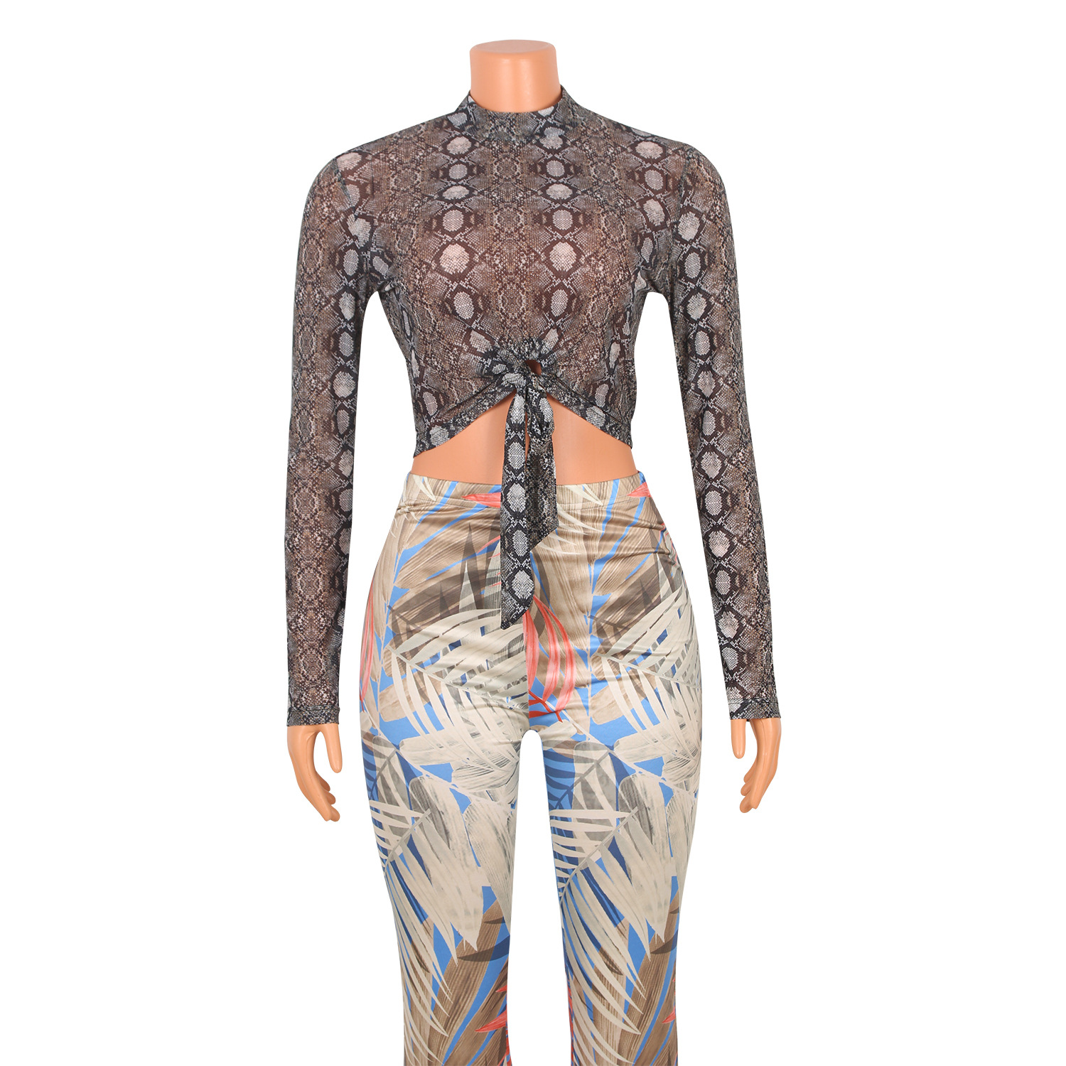 Fashion Mesh See-Through Snake Print Long-Sleeved Top