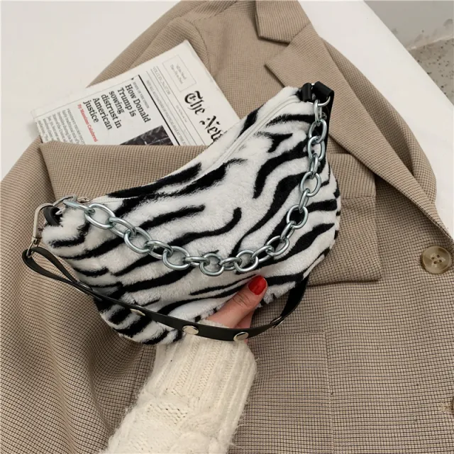 Leopard Pattern Plush Bag Personality Diagonal Women Bag Chain Bag Bag Shoulder Zebra - Shop at LoveMi