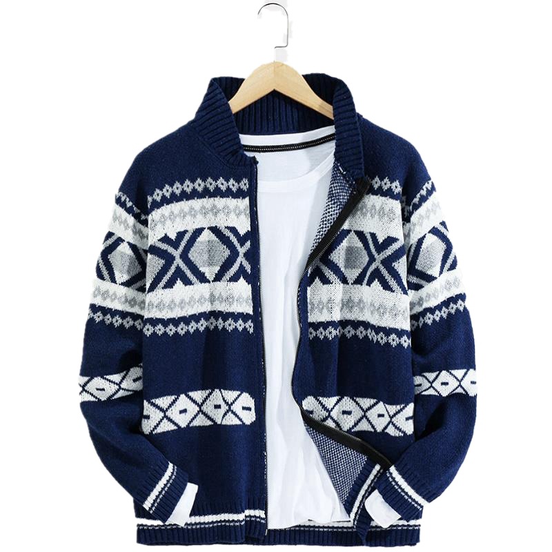 New Men's Jacquard Sweater Zipper Cardigan Long-sleeved Sweater