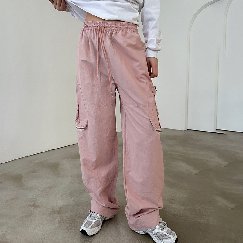 American Street Three-dimensional Pocket Elastic Waist Tie Cargo Pants