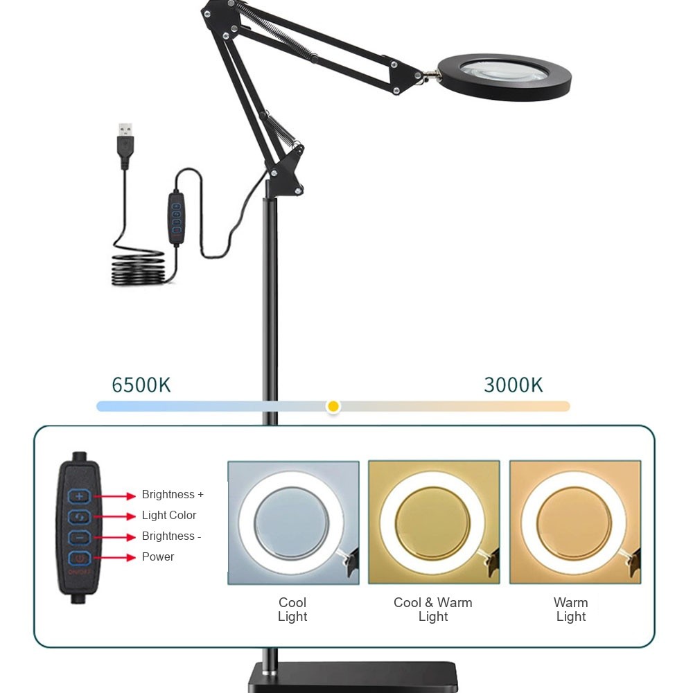 LED Magnifying Glass Lamp With Light & Stand Clip-on Desk