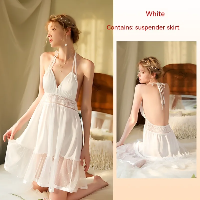Lace Homewear Women's Ice Silk Pajamas With Straps - 458 White