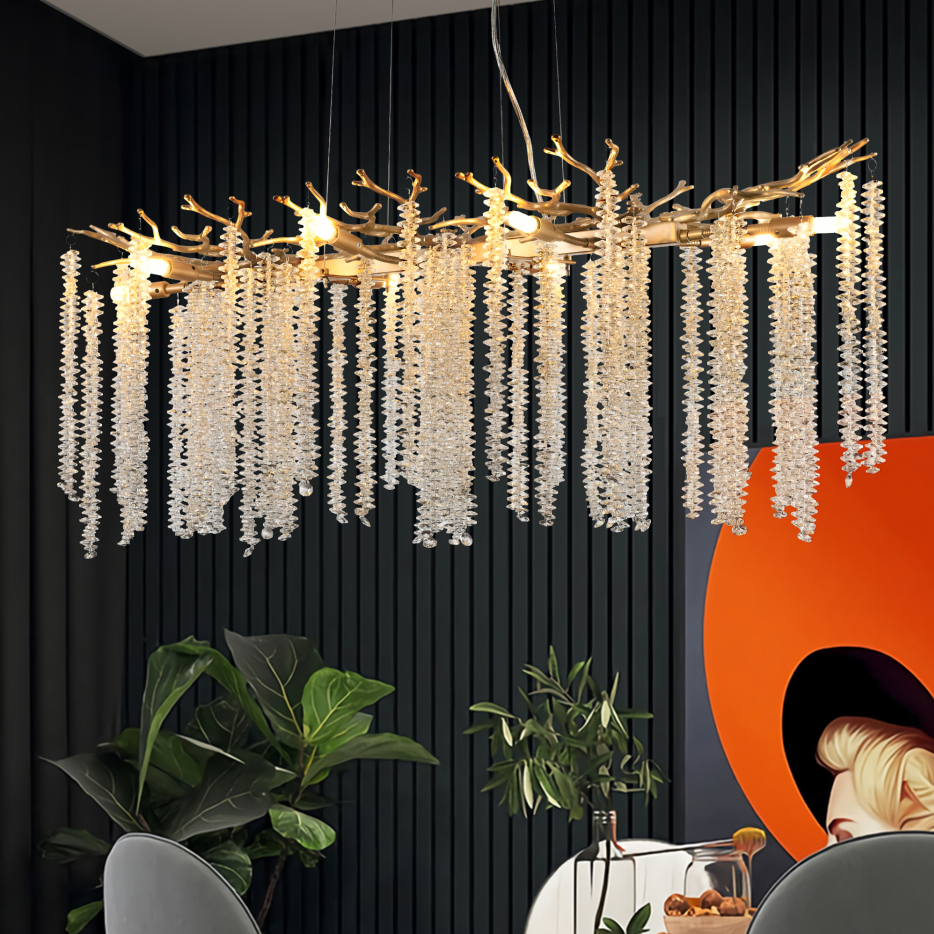 39-inch Modern Golden Pendant Light With Cascading Crystal Strands, Ideal For Living Room, Dining Room And Foyer, High-End Decorative Lighting Fixture Bulb Not Included