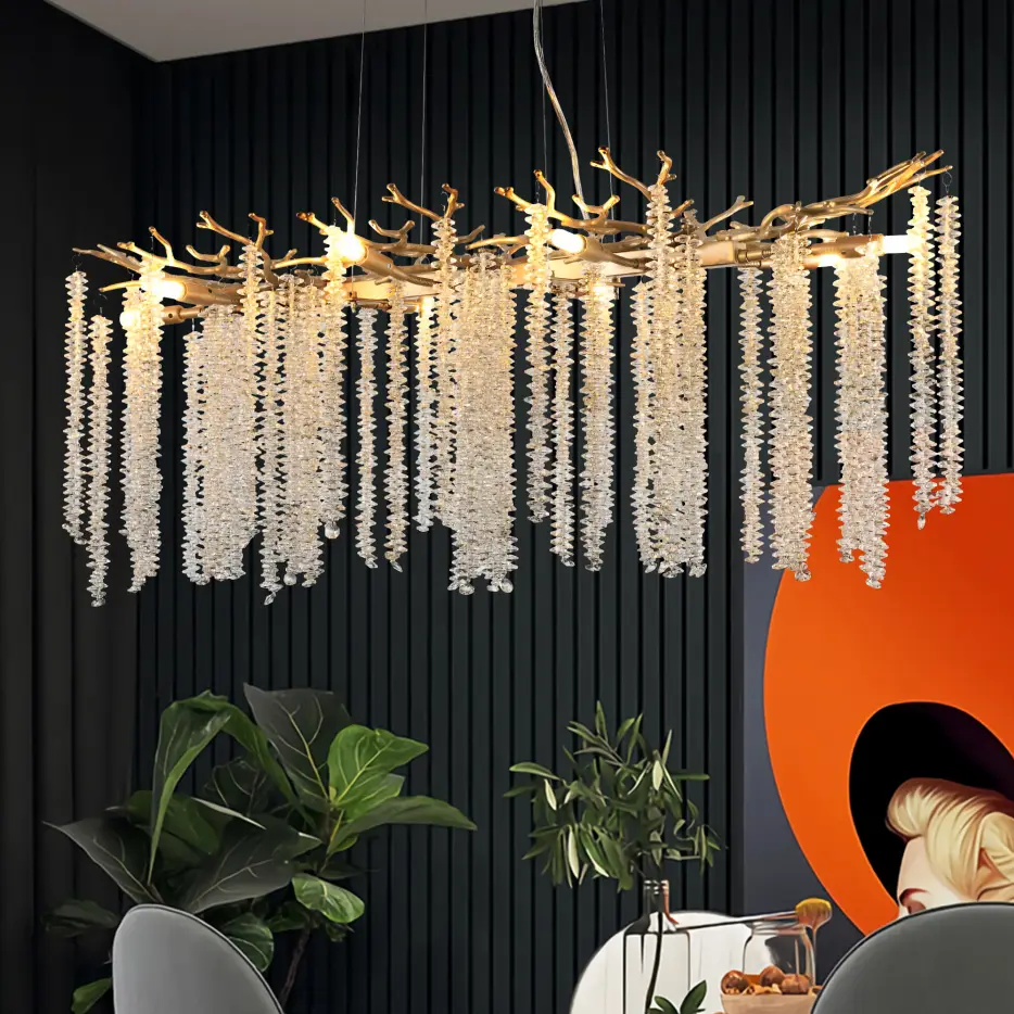 39-inch Modern Golden Pendant Light With Cascading Crystal Strands, Ideal For Living Room, Dining Room And Foyer, High-End Decorative Lighting Fixture Bulb Not