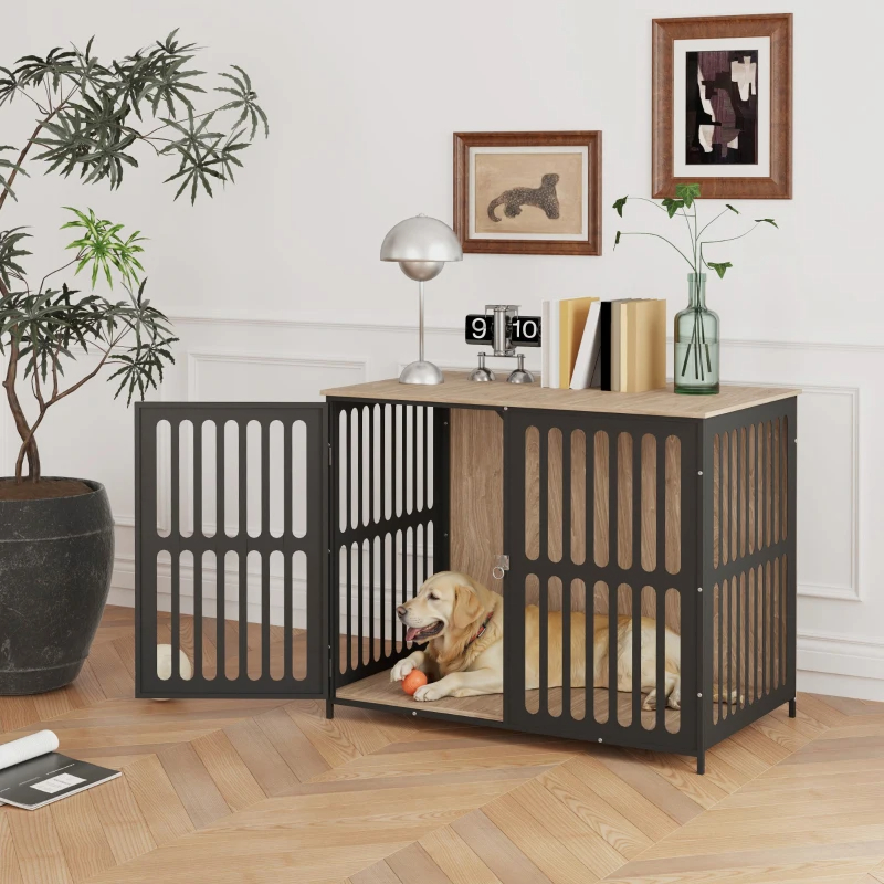 Dog Crate Furniture W Anti-Chew Resistant Mesh, Anti-Escape Single Door, For Large Dogs, Walnut Brown