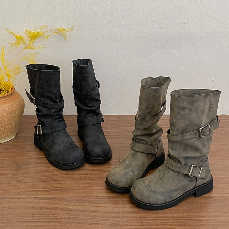 Women Distressed Vintage Slouchy Mid Calf Boots Multi Metal Buckle Straps Wrinkled Shaft Low Block Heel Pull On Biker Booties Retro Y2K Casual Street Medium Shaft Boots