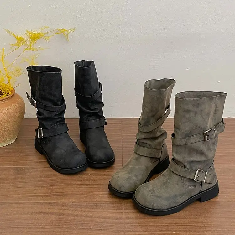 Women Distressed Vintage Slouchy Mid Calf Boots