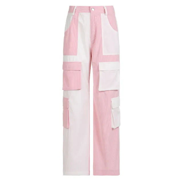 Street Shot Fashionable Color Contrast Multi Pocket Cargo Pants Pink - Shop at LoveMi