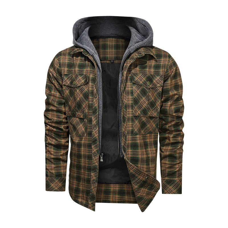 Men long-sleeved plaid jacket regular fit with fleece and detachable hoodies.