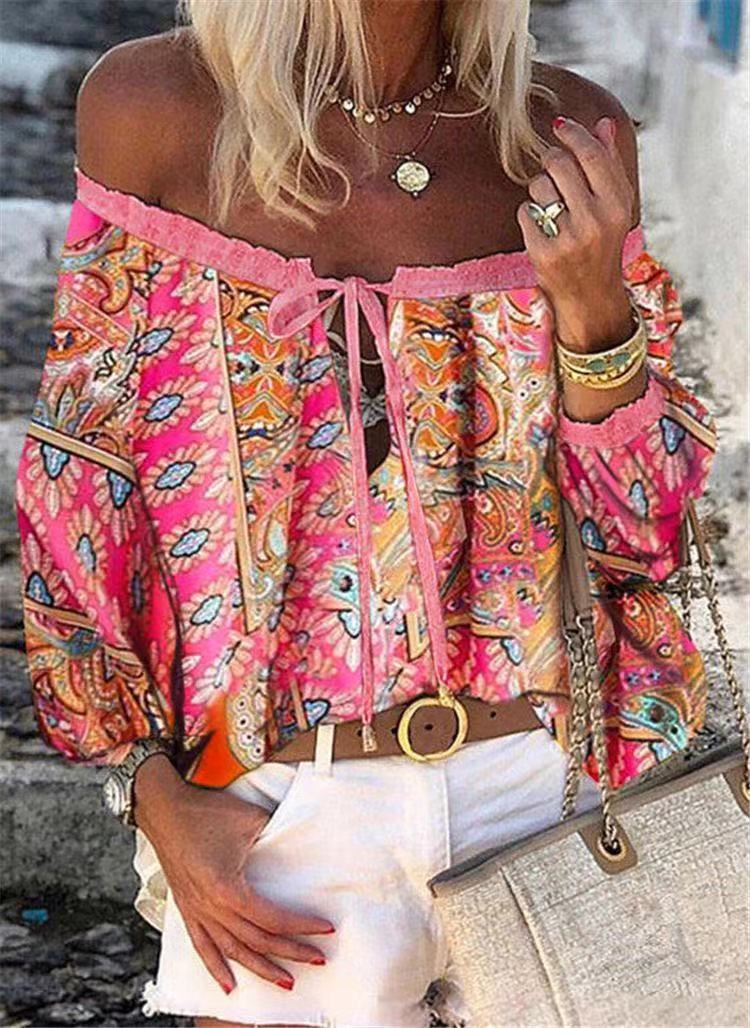 Women's Fashion One-Line Neck Casual Printed Long Sleeve Shirt