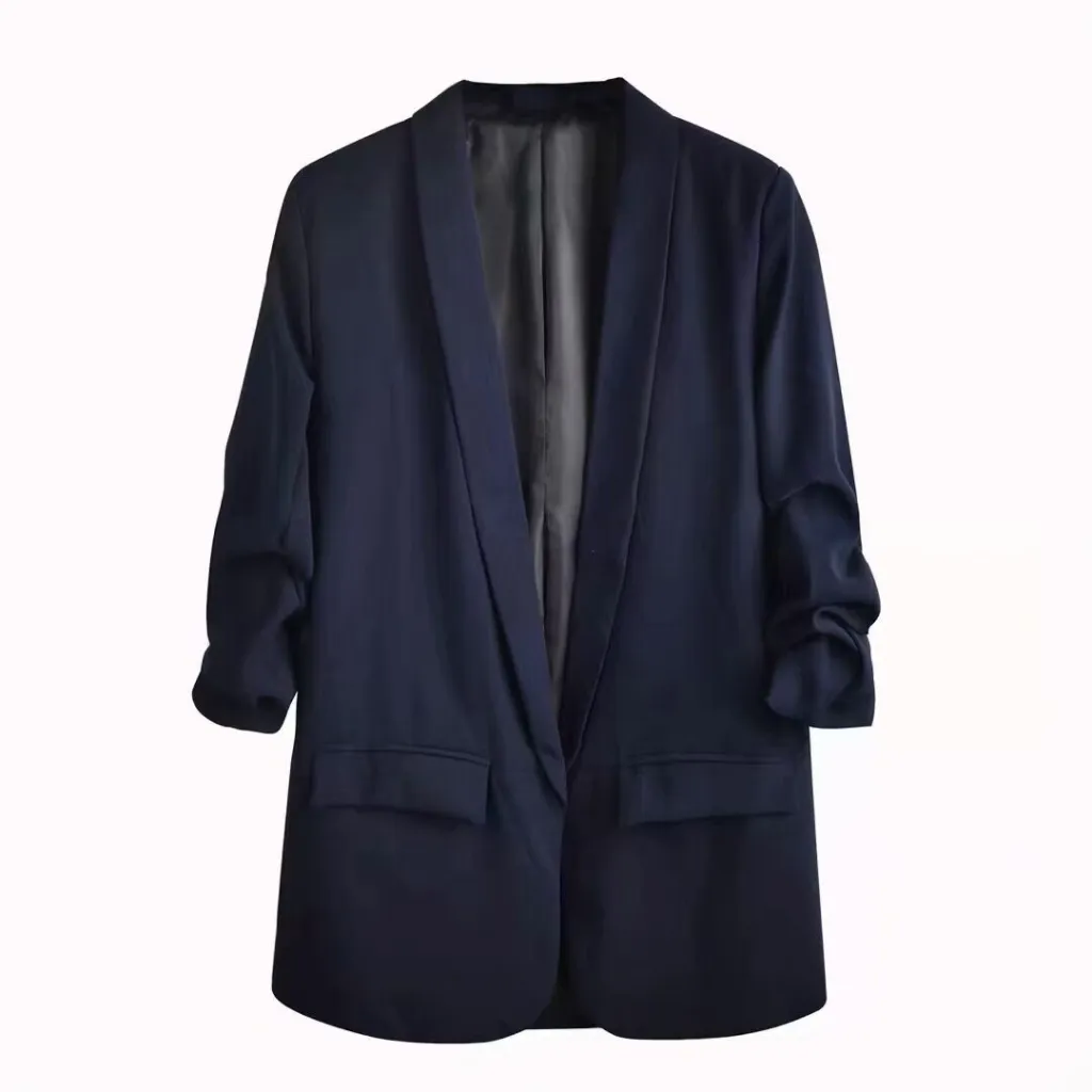 Casual Suit Jacket With Pleated Sleeve Pockets - Blue