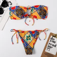 Printed Split Bikini Swimsuit Sexy Lace-up Triangle Ladies Swimwear - Yellow - View 1