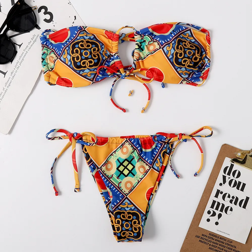 Printed Split Bikini Swimsuit Sexy Lace-up Triangle Ladies Swimwear - Yellow