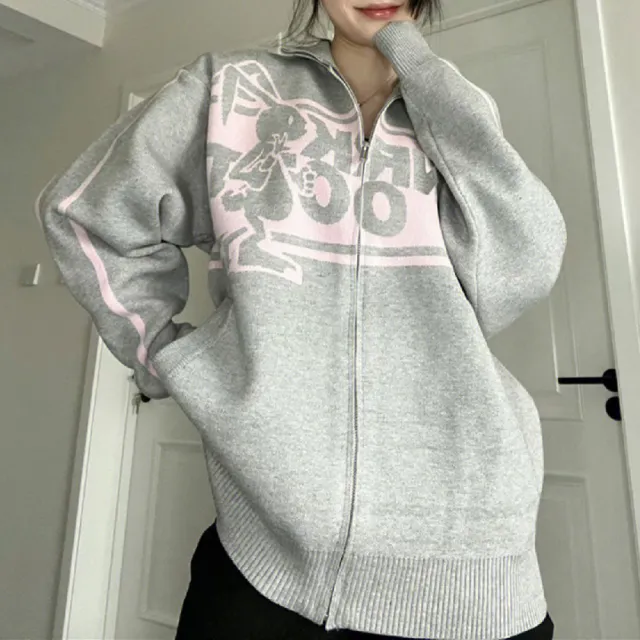 Street Rabbit Cardigan Polo Neck Sweater Female Autumn And Winter Gray - Shop at LoveMi