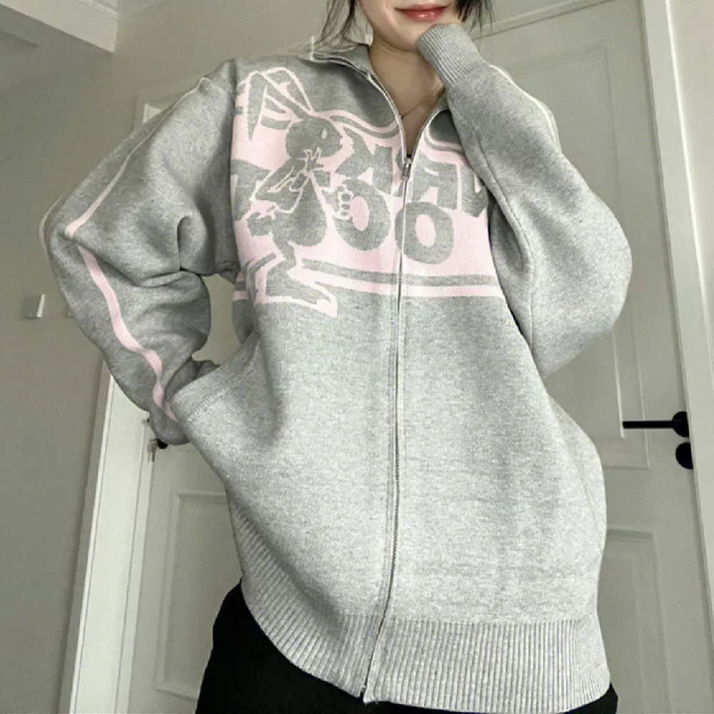 Street Rabbit Cardigan Polo Neck Sweater Female Autumn And Winter - Grey