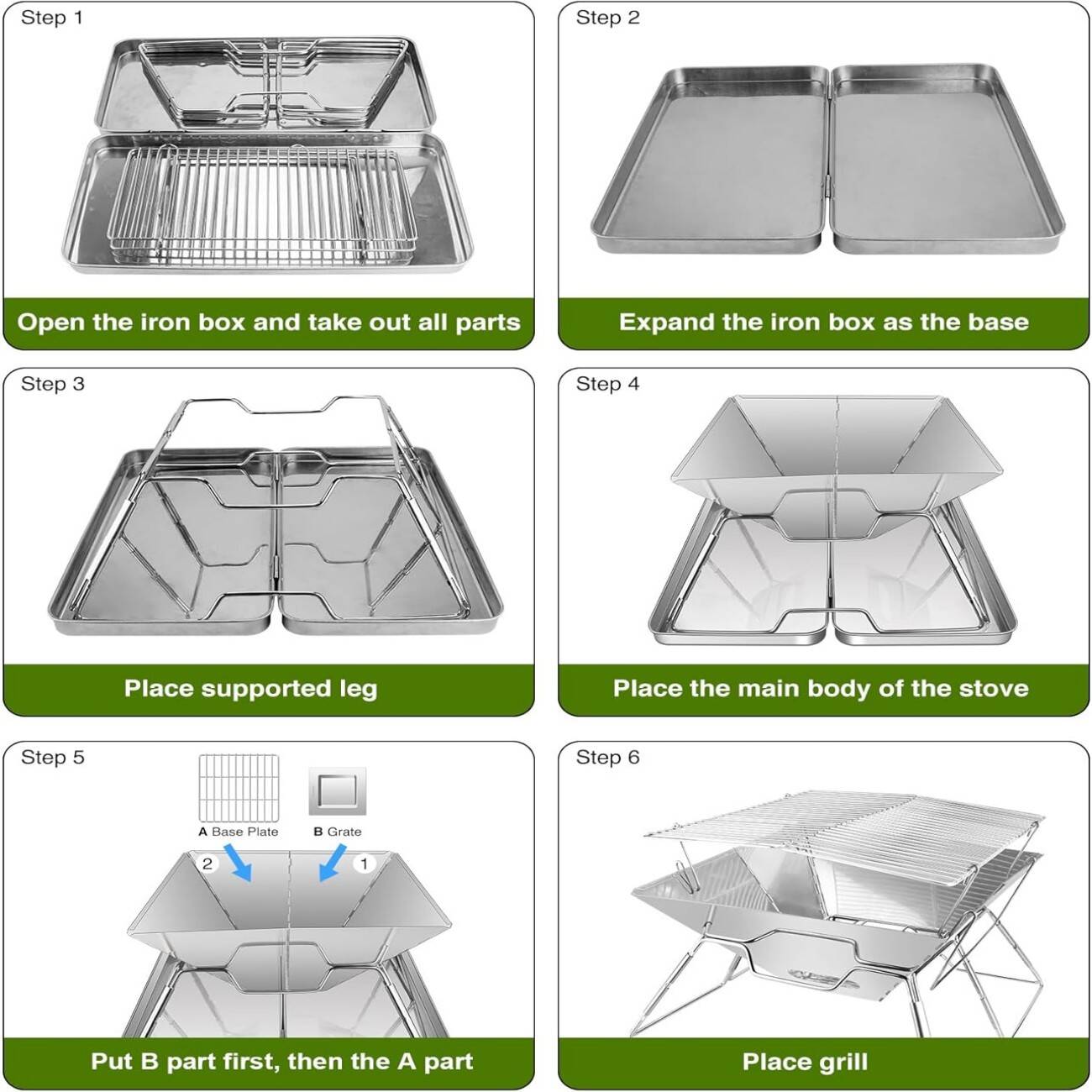 Folding Fire Pit Grill With Ash Box, 6Piece 430 304