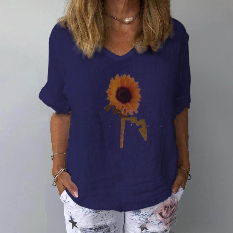 Title 5, Cotton And Linen Loose Sunflower Print Top