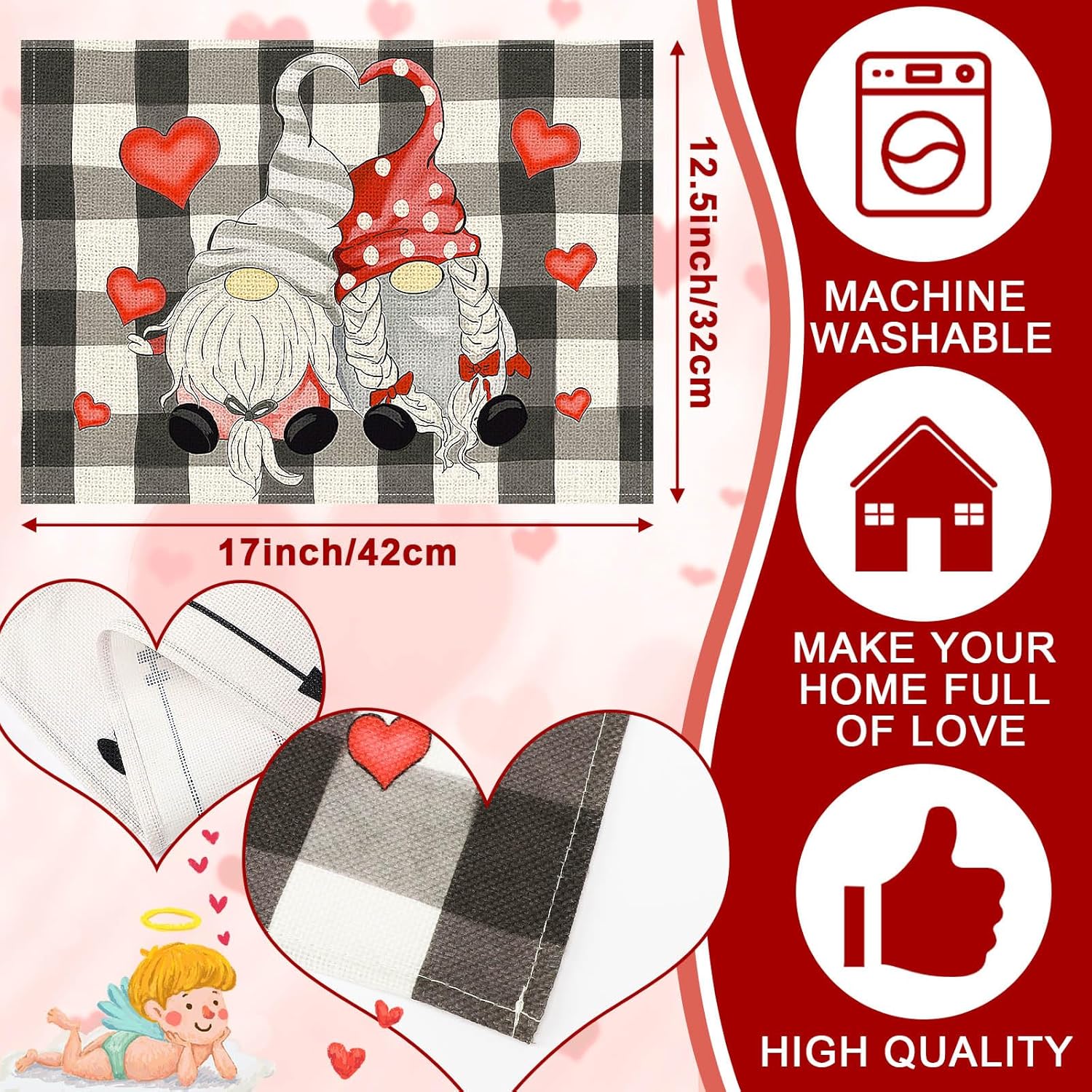 Valentines Day Placemats Set Of 4, 17x12.5 Inches With Gnomes And Hearts Pattern For Holiday Parties And Family Gatherings Clearance Sale — foto 5