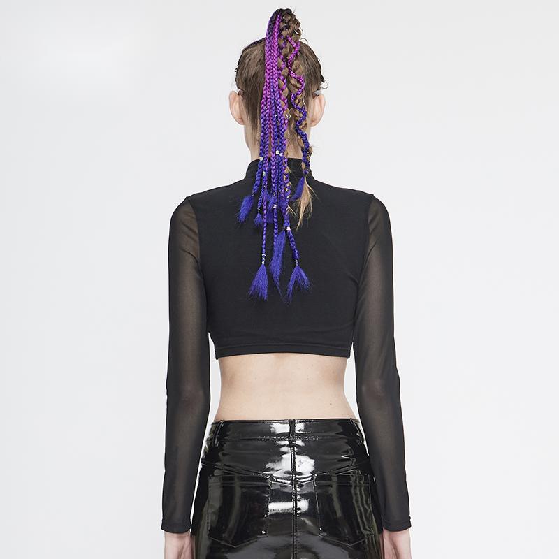 Printed High Neck Long Sleeve Super Short T-shirt