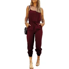 Slim Fit Cropped Pencil Pants Tie Elastic Waist Suspender Jumpsuit - Wine Red - View 1
