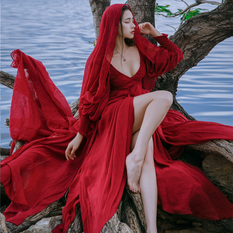 Long Linen Strapless Super Fairy Big Swing Retro Wine Red Beach Dress