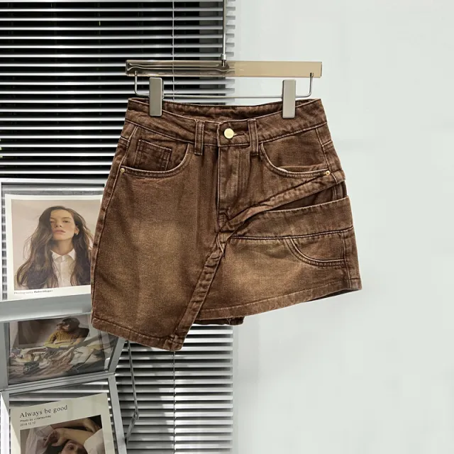 Denim Fashion Skirt High Waist A Line Coffee - Shop at LoveMi