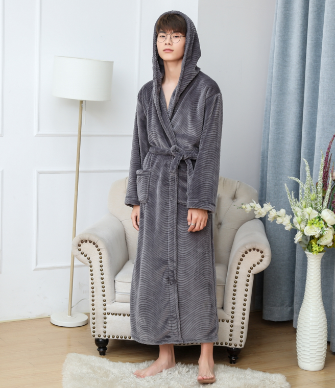 Title 9, Solid Color Extended Hooded Flannel Bathrobe