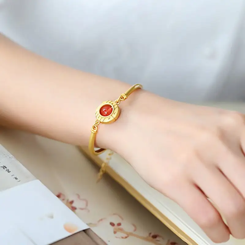 Natural South Red Agate Double Happiness Round Women's Hand Bracelet