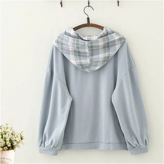 Japanese Soft Girl College Style Childlike Cute Rabbit Print Bow Lattice Blue - Shop at LoveMi
