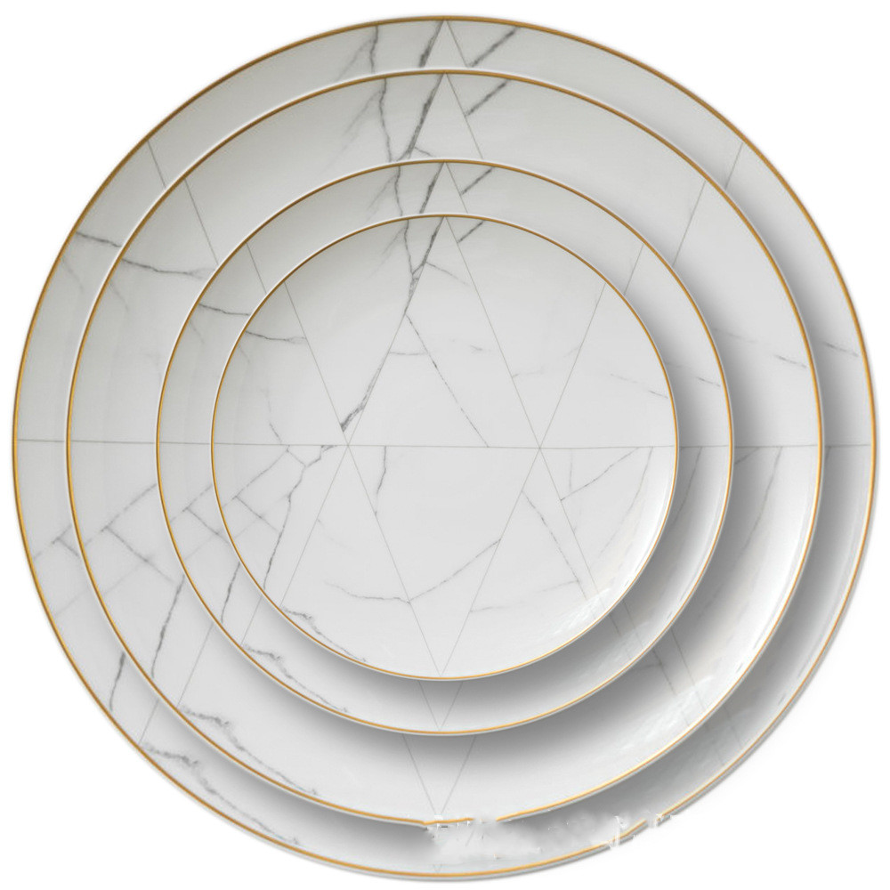 Nordic Minimalist Gold Edge Bone China Dinner Plate White Marble Pattern