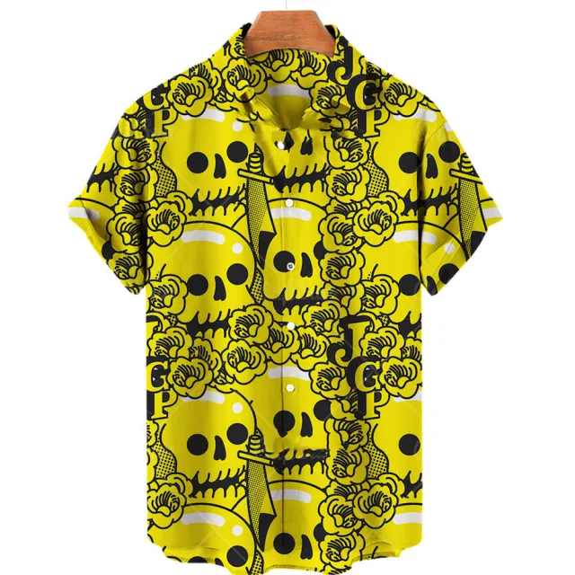 Printed Skull Pattern Casual Shirt Hawaii Yellow - Shop at LoveMi