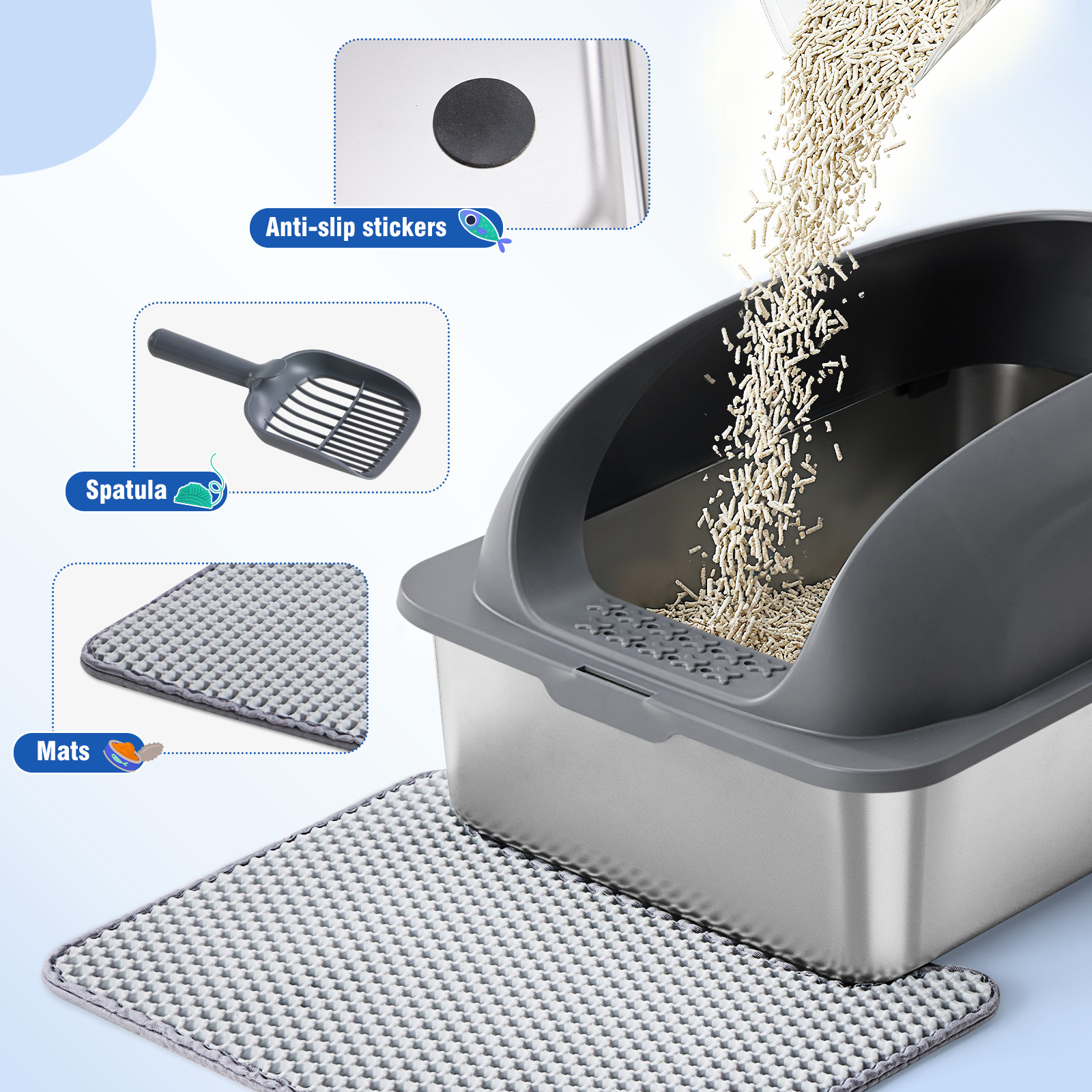 Stainless Steel Cat Litter Box With Lid, Large Cat Litter Box For Big Cats, Scoop And Mat Included image 5