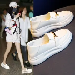 Genuine Leather White Shoes Women's Autumn All-match Explosion-proof Platform Casual Loafers - White - View 1