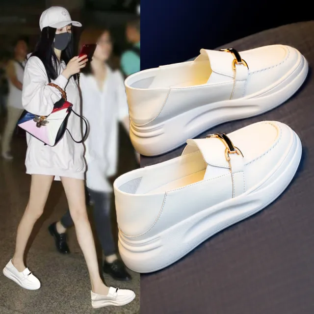 Genuine Leather White Shoes Women's Autumn All match Explosion proof Platform Casual Loafers White - Shop at LoveMi