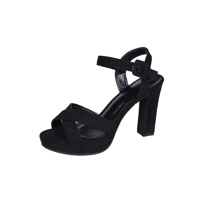 Super High Heels Suede Cross Platform Block Heel Toe Sandals Black - Shop at LoveMi
