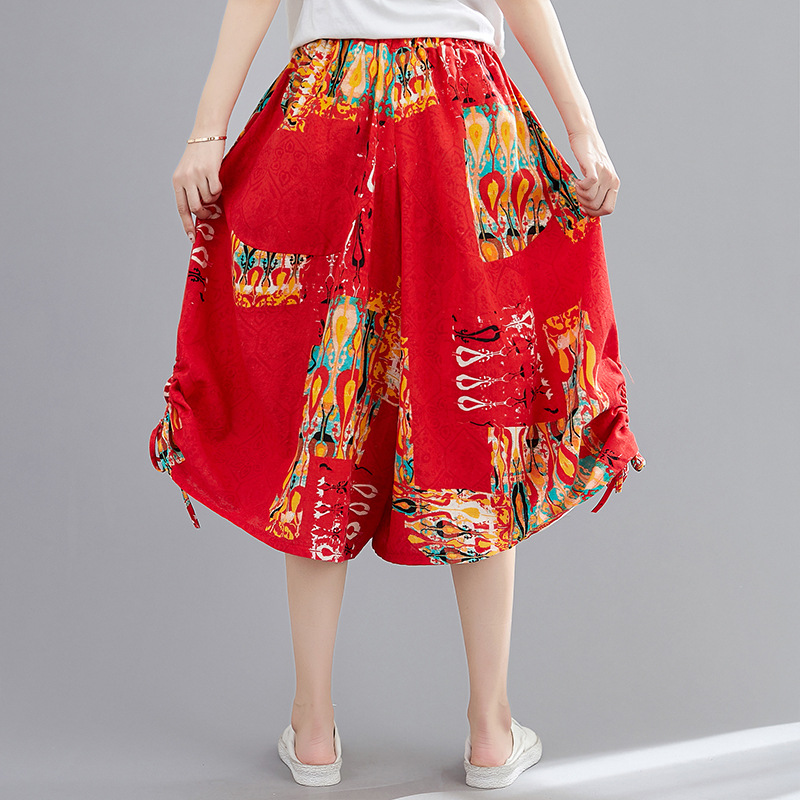 Cotton And Linen Ethnic Print Cropped Wide-leg Pants