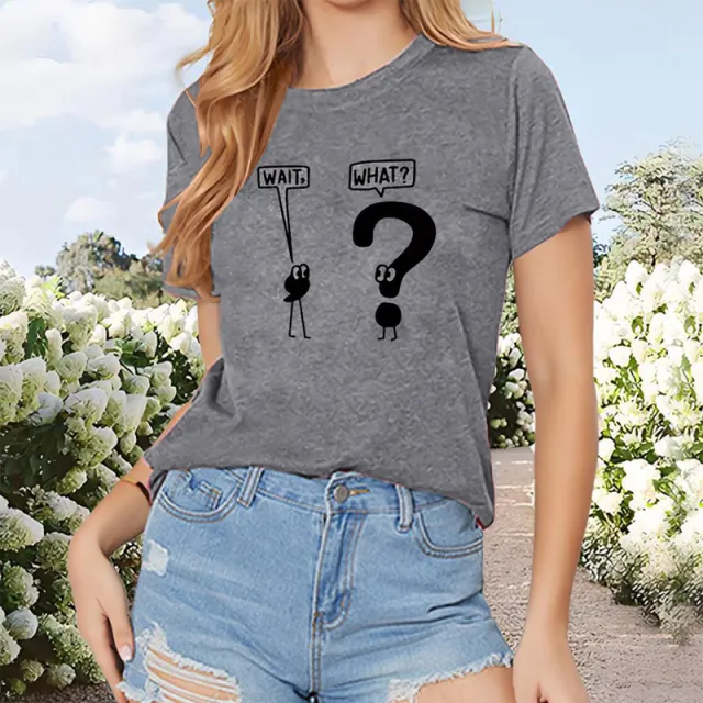 Women'S Casual Crew Neck T Shirt With Comma And Question Mark Dialogue Pattern Summer Top Light Gray - Shop at LoveMi